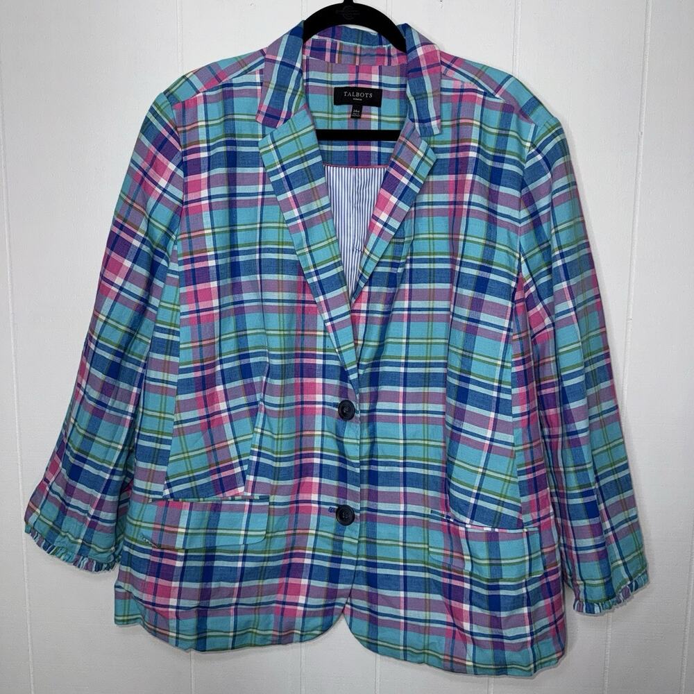 Talbots Women’s Madras Double Button Sunshine Plaid Blazer Blue Size 24W